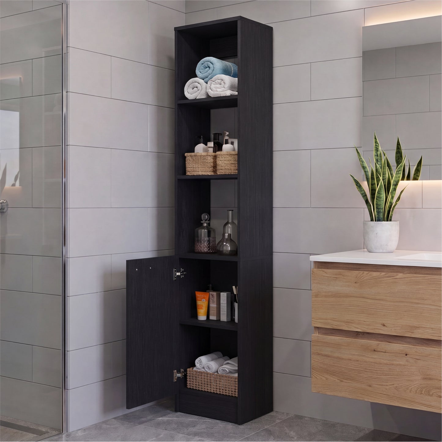 Parks Linen Bathroom Storage Cabinet with One Door and Six Shelves, Tall Freestanding Organizer for Bathroom, Living Room or Kitchen, Multi-Purpose Slim Storage Tower for Towels, Toiletries, Pantry Items and Household Organization