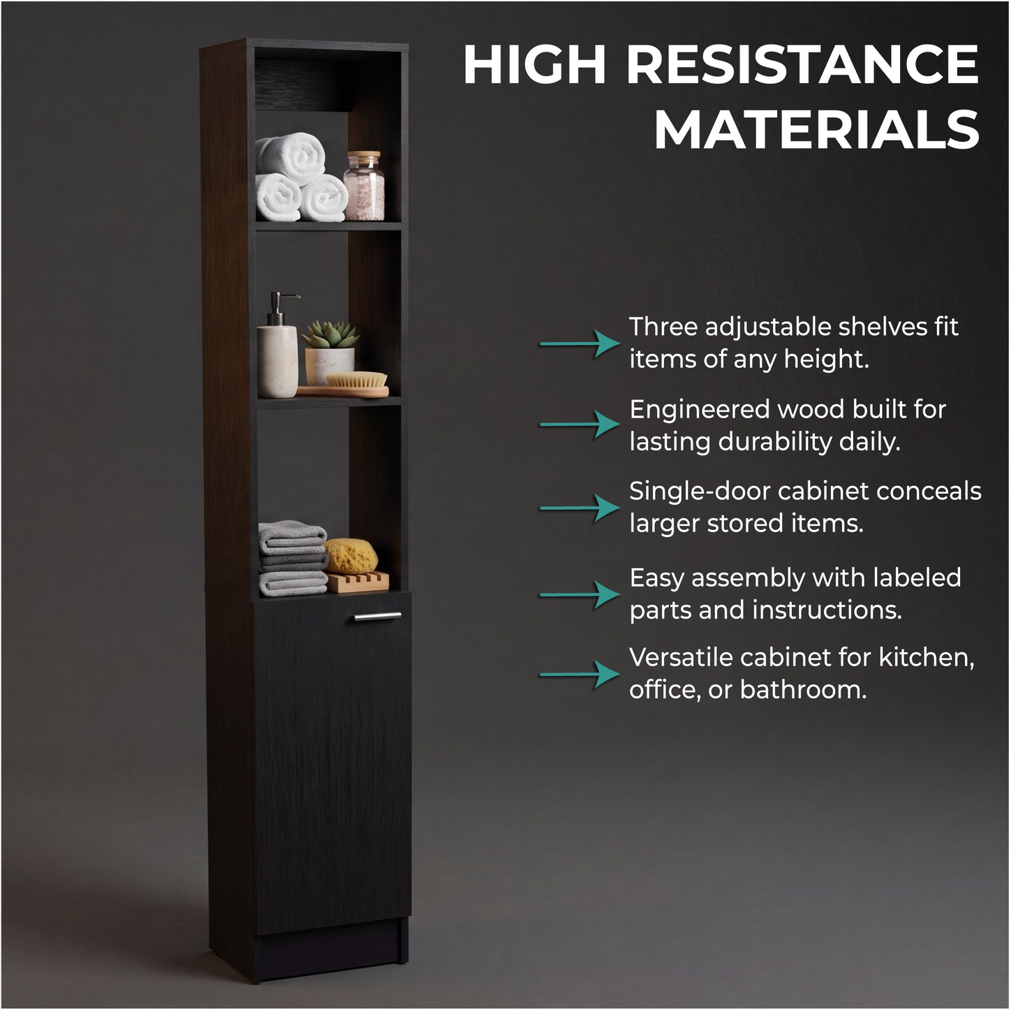 Parks Linen Bathroom Storage Cabinet with One Door and Six Shelves, Tall Freestanding Organizer for Bathroom, Living Room or Kitchen, Multi-Purpose Slim Storage Tower for Towels, Toiletries, Pantry Items and Household Organization