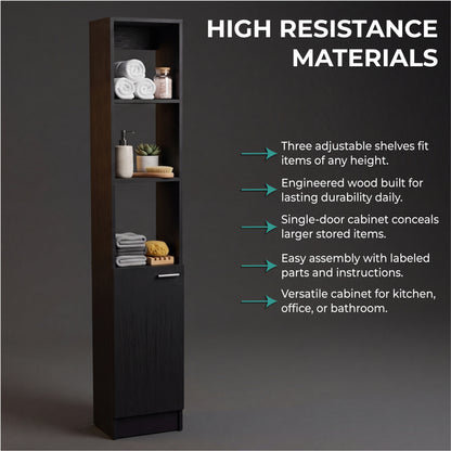 Parks Linen Bathroom Storage Cabinet with One Door and Six Shelves, Tall Freestanding Organizer for Bathroom, Living Room or Kitchen, Multi-Purpose Slim Storage Tower for Towels, Toiletries, Pantry Items and Household Organization