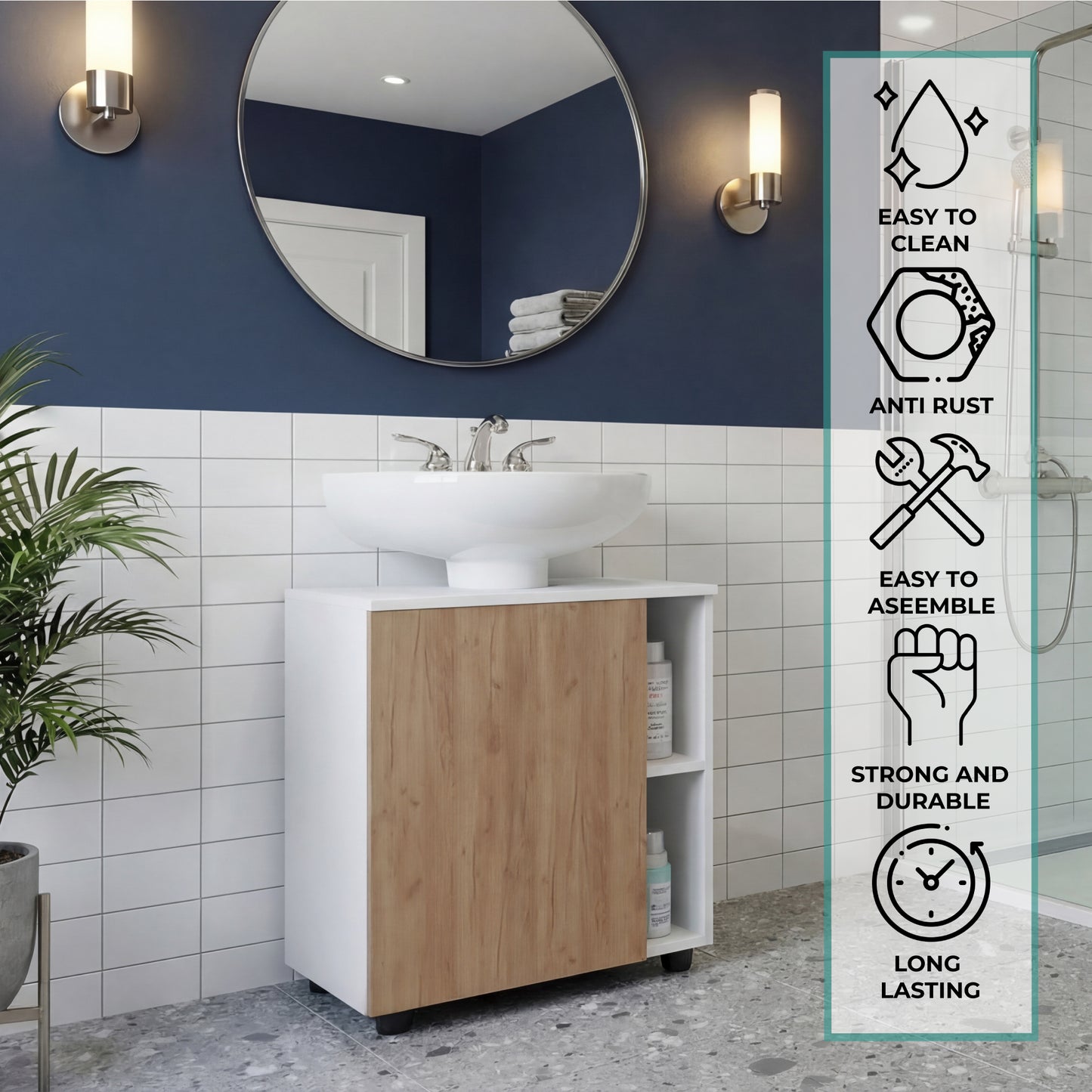 Pascuale Two Side Shelves Under Sink Cabinet with One Door, Cut-Out Back, Compact 22” Freestanding Bathroom Storage, Minimalist Design for Small Spaces, Ideal for Guest Bathrooms or Powder Rooms