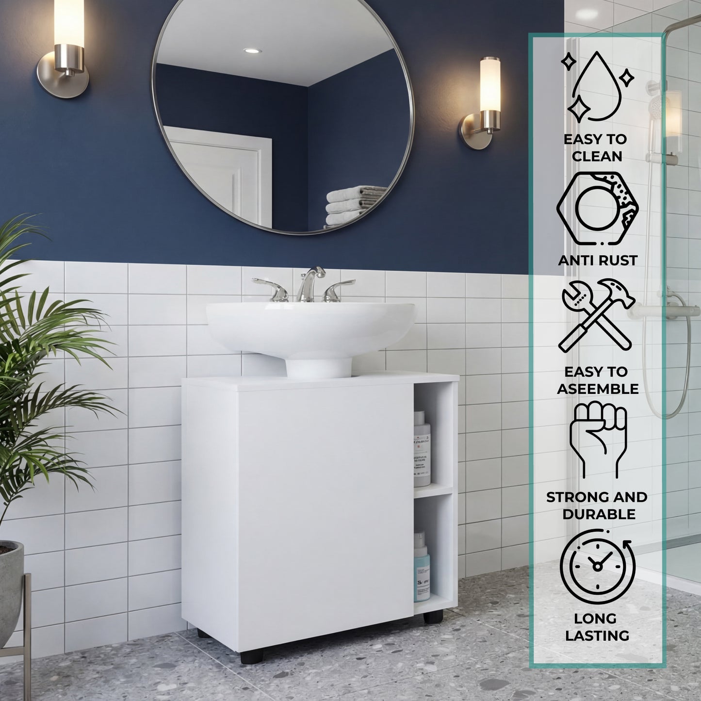 Pascuale Two Side Shelves Under Sink Cabinet with One Door, Cut-Out Back, Compact 22” Freestanding Bathroom Storage, Minimalist Design for Small Spaces, Ideal for Guest Bathrooms or Powder Rooms