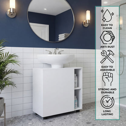 Pascuale Two Side Shelves Under Sink Cabinet with One Door, Cut-Out Back, Compact 22” Freestanding Bathroom Storage, Minimalist Design for Small Spaces, Ideal for Guest Bathrooms or Powder Rooms