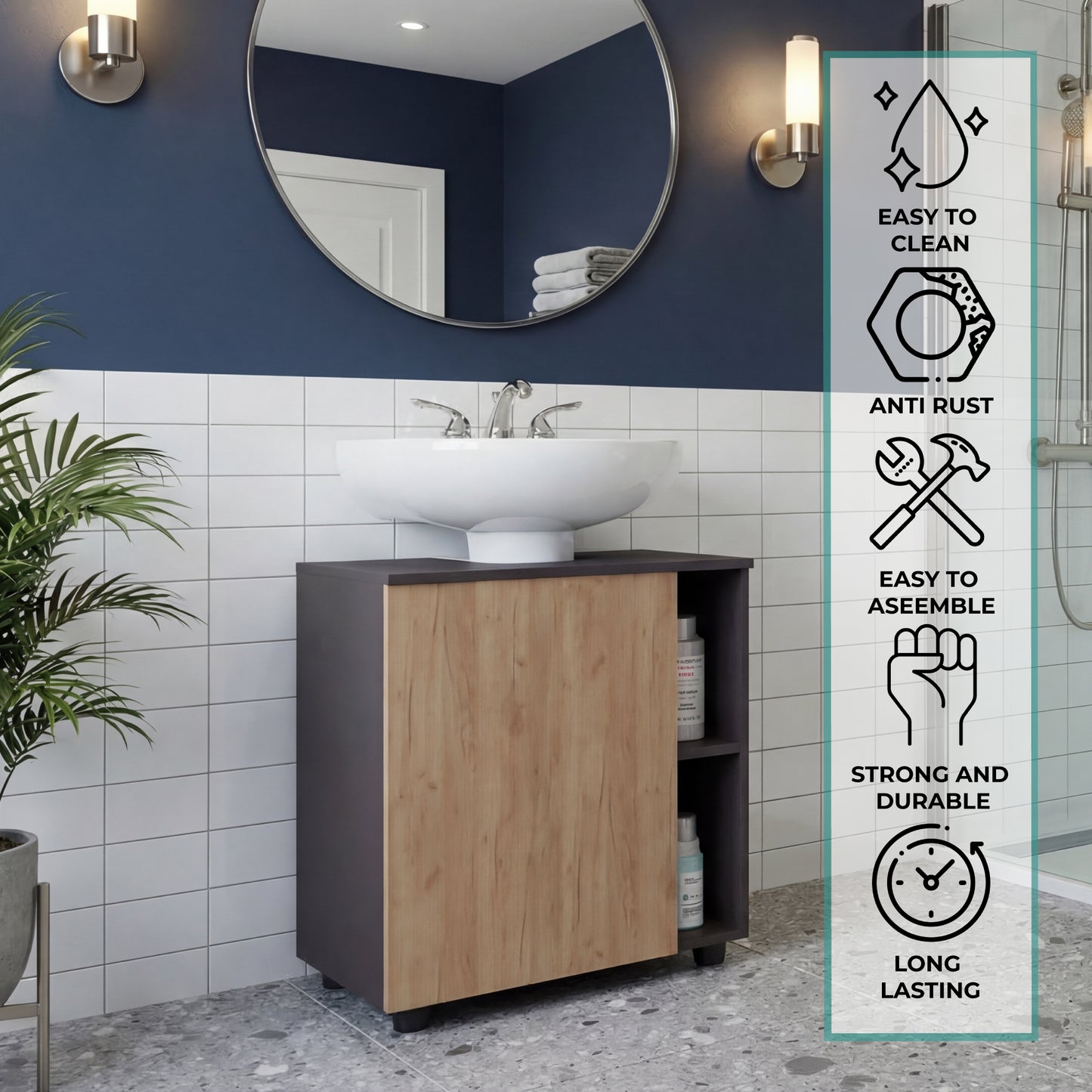 Pascuale Two Side Shelves Under Sink Cabinet with One Door, Cut-Out Back, Compact 22” Freestanding Bathroom Storage, Minimalist Design for Small Spaces, Ideal for Guest Bathrooms or Powder Rooms