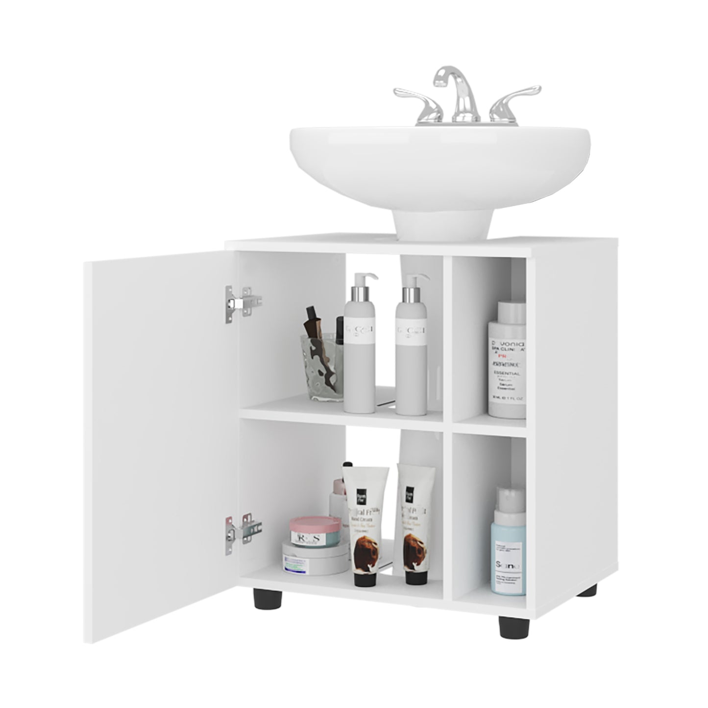 Pascuale Two Side Shelves Under Sink Cabinet with One Door, Cut-Out Back, Compact 22” Freestanding Bathroom Storage, Minimalist Design for Small Spaces, Ideal for Guest Bathrooms or Powder Rooms