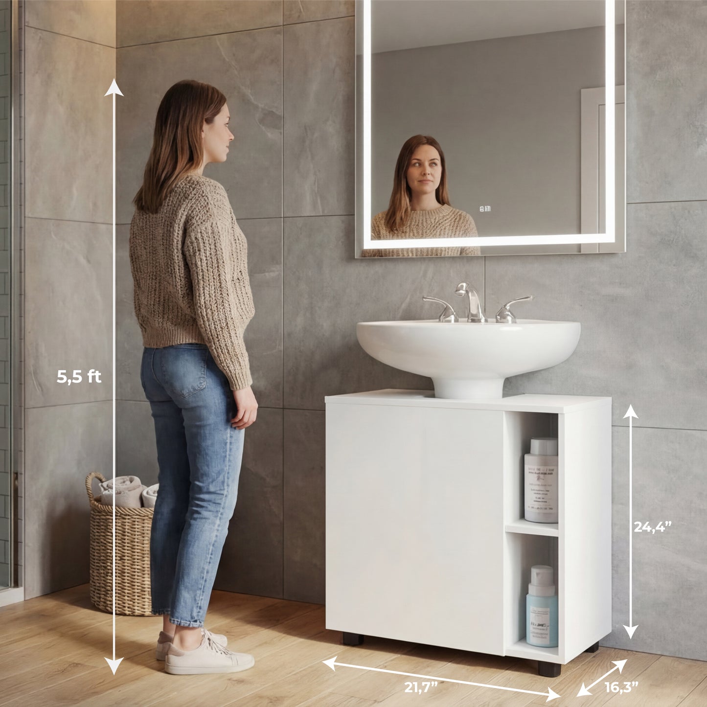 Pascuale Two Side Shelves Under Sink Cabinet with One Door, Cut-Out Back, Compact 22” Freestanding Bathroom Storage, Minimalist Design for Small Spaces, Ideal for Guest Bathrooms or Powder Rooms