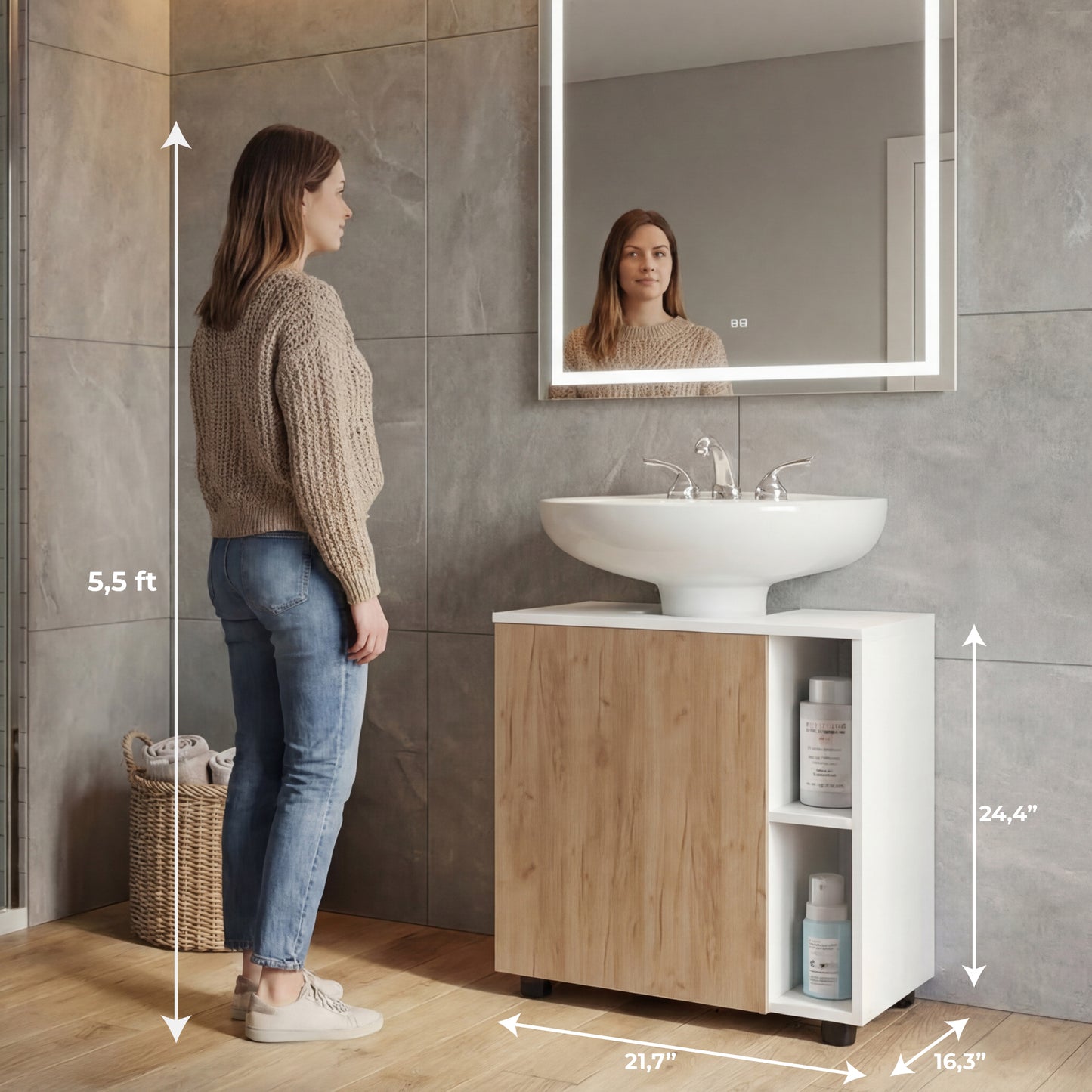 Pascuale Two Side Shelves Under Sink Cabinet with One Door, Cut-Out Back, Compact 22” Freestanding Bathroom Storage, Minimalist Design for Small Spaces, Ideal for Guest Bathrooms or Powder Rooms