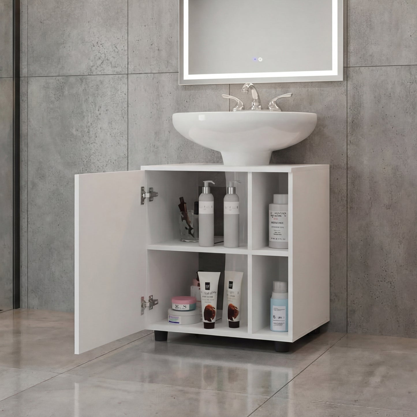 Pascuale Two Side Shelves Under Sink Cabinet with One Door, Cut-Out Back, Compact 22” Freestanding Bathroom Storage, Minimalist Design for Small Spaces, Ideal for Guest Bathrooms or Powder Rooms