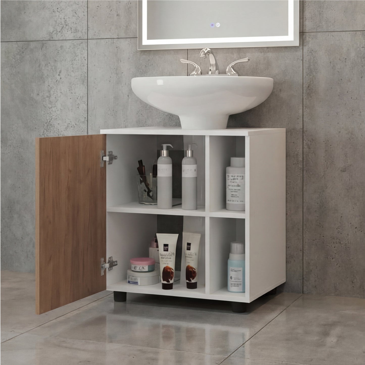 Pascuale Two Side Shelves Under Sink Cabinet with One Door, Cut-Out Back, Compact 22” Freestanding Bathroom Storage, Minimalist Design for Small Spaces, Ideal for Guest Bathrooms or Powder Rooms