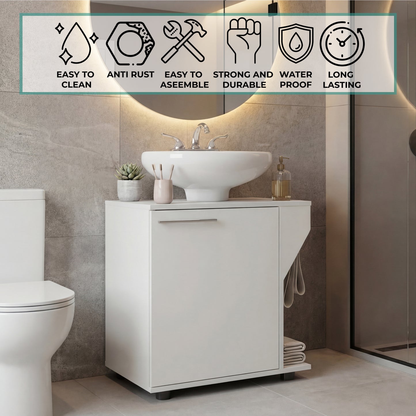 Phillips Under Sink Cabinet with Double Doors, Wide Freestanding Storage Unit with Open Back for Plumbing Access, Concealed Storage for Bathroom or Laundry Room Essentials, Modern Design