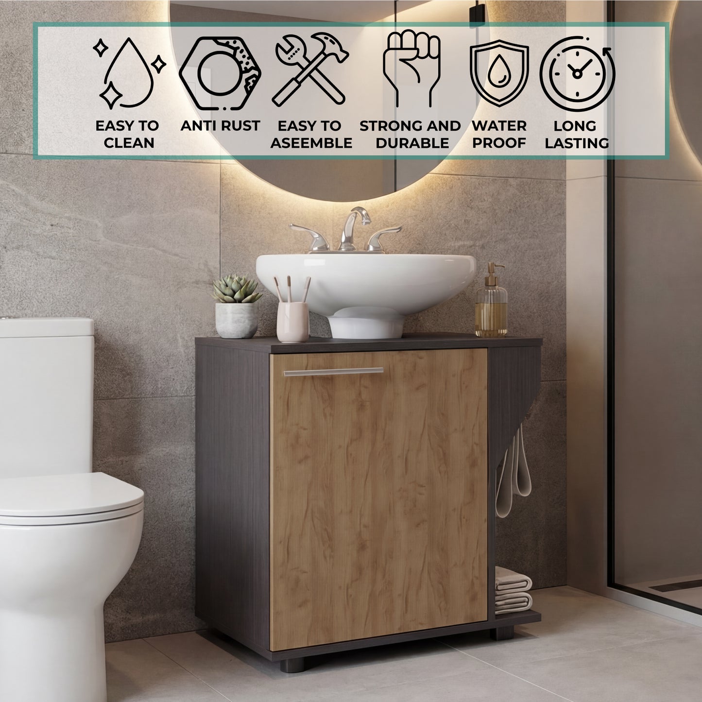 Phillips Under Sink Cabinet with Double Doors, Wide Freestanding Storage Unit with Open Back for Plumbing Access, Concealed Storage for Bathroom or Laundry Room Essentials, Modern Design