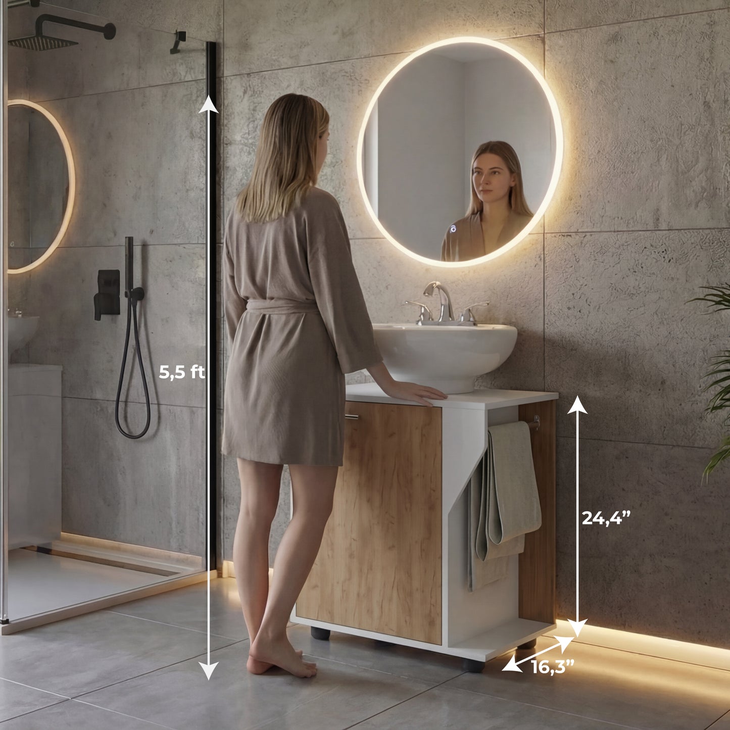 Phillips Under Sink Cabinet with Double Doors, Wide Freestanding Storage Unit with Open Back for Plumbing Access, Concealed Storage for Bathroom or Laundry Room Essentials, Modern Design