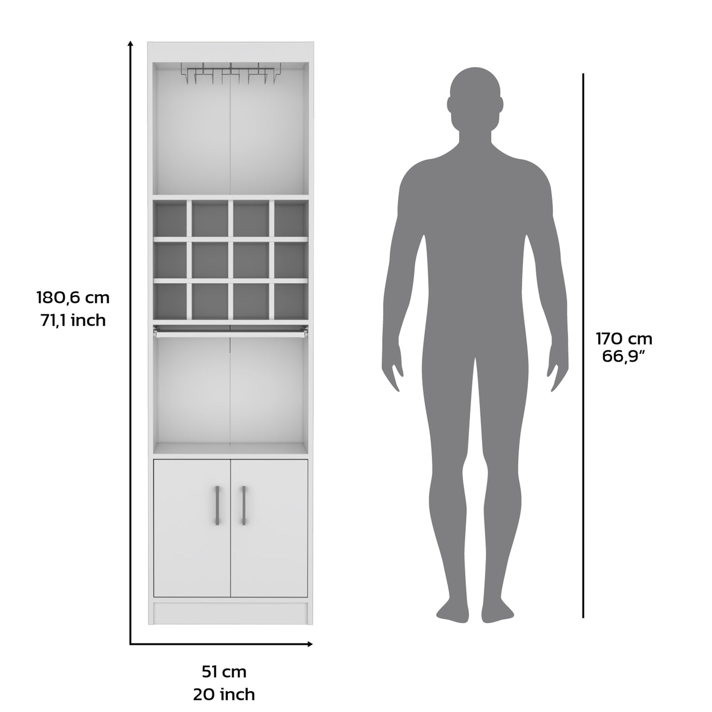 Kevil 71-Inch Tall Bar Cabinet 5-Tier Modern Bar Cabinet with Glass Holder Stemware Rack, Wine Cabinet, Liquor Cabinet, 12 Bottle Cubbies, 5 Shelves, and Pull Out Tray