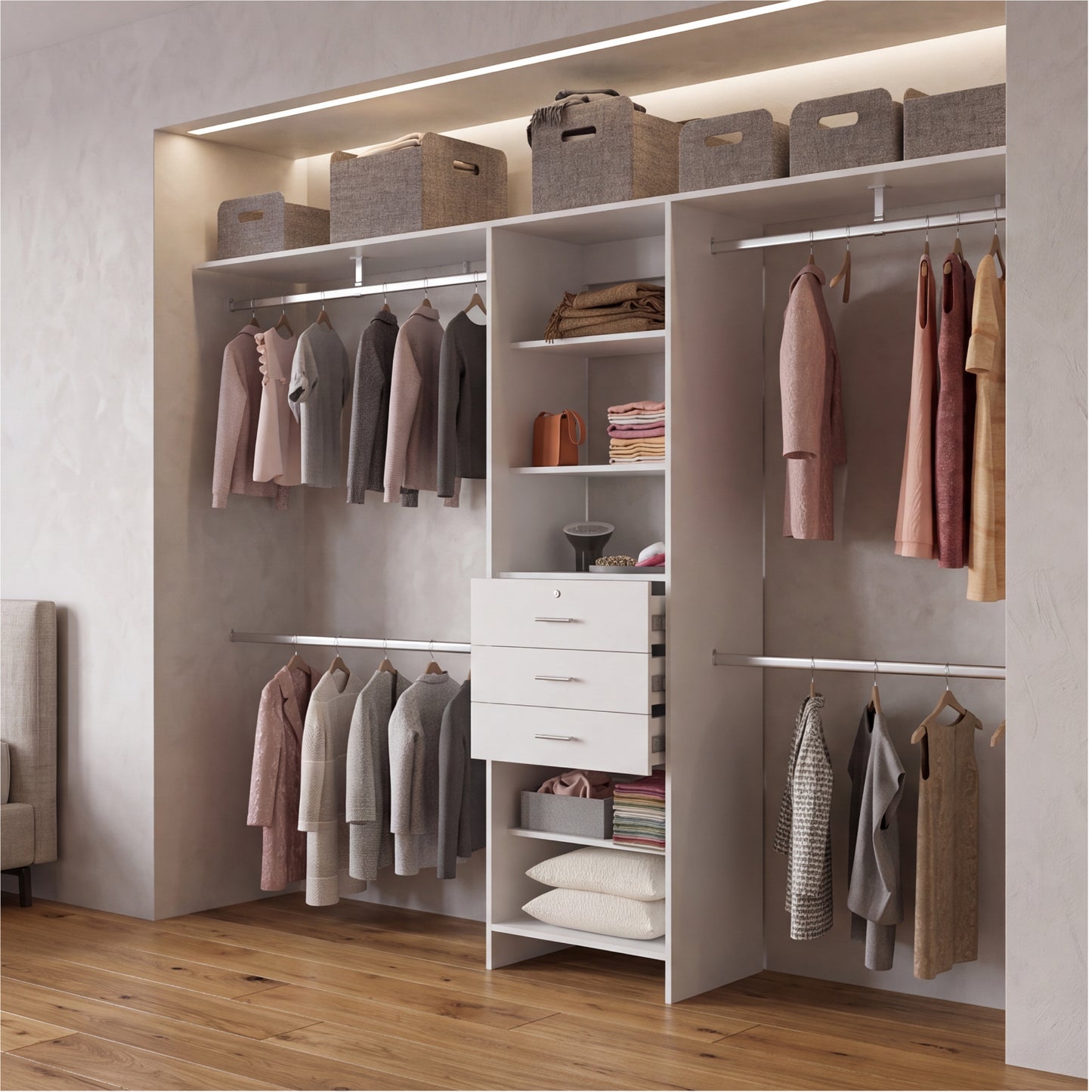 Plego Modular Closet System with Three Drawers, Five Shelves and Four Hanging Rods, Adjustable Wardrobe Organizer for 69" to 118" Spaces, Configurable Closet Storage System for Bedroom