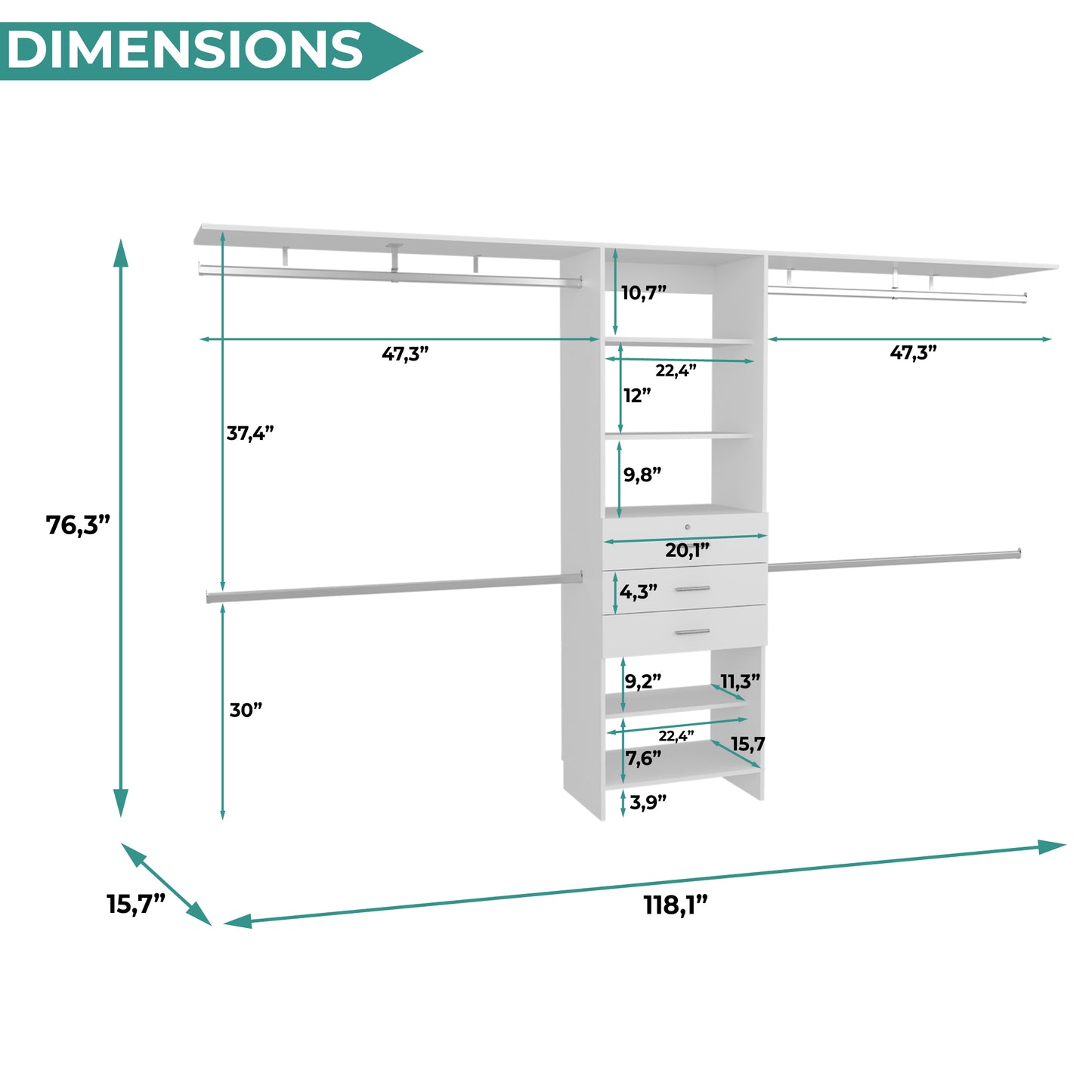 Plego Modular Closet System with Three Drawers, Five Shelves and Four Hanging Rods, Adjustable Wardrobe Organizer for 69" to 118" Spaces, Configurable Closet Storage System for Bedroom