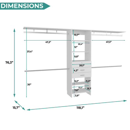 Plego Modular Closet System with Three Drawers, Five Shelves and Four Hanging Rods, Adjustable Wardrobe Organizer for 69" to 118" Spaces, Configurable Closet Storage System for Bedroom