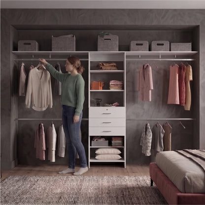 Plego Modular Closet System with Three Drawers, Five Shelves and Four Hanging Rods, Adjustable Wardrobe Organizer for 69" to 118" Spaces, Configurable Closet Storage System for Bedroom