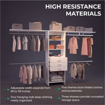Plego Modular Closet System with Three Drawers, Five Shelves and Four Hanging Rods, Adjustable Wardrobe Organizer for 69" to 118" Spaces, Configurable Closet Storage System for Bedroom