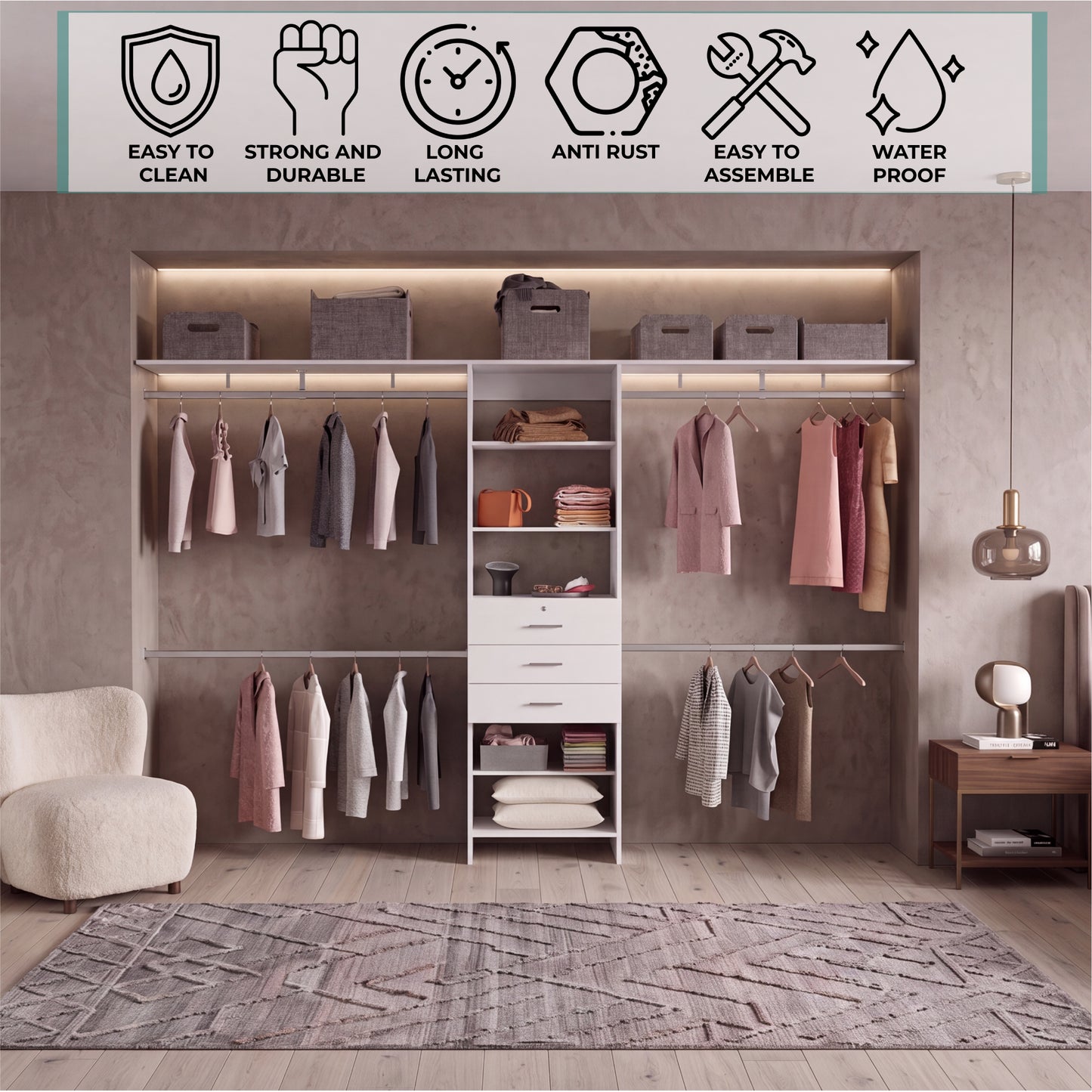 Plego Modular Closet System with Three Drawers, Five Shelves and Four Hanging Rods, Adjustable Wardrobe Organizer for 69" to 118" Spaces, Configurable Closet Storage System for Bedroom