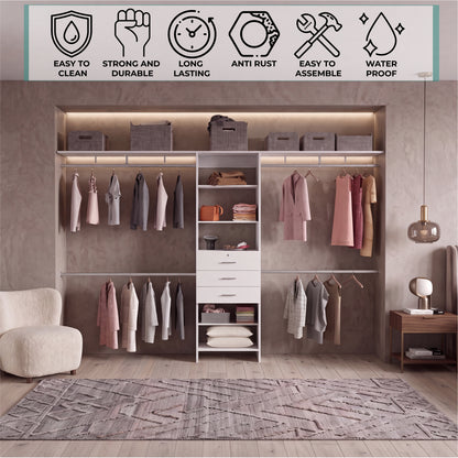 Plego Modular Closet System with Three Drawers, Five Shelves and Four Hanging Rods, Adjustable Wardrobe Organizer for 69" to 118" Spaces, Configurable Closet Storage System for Bedroom