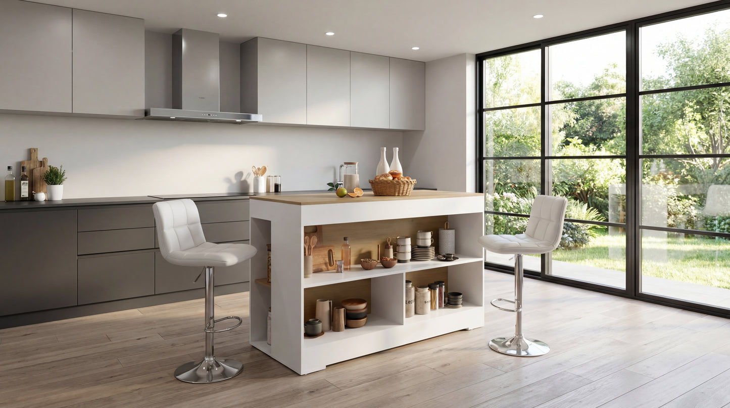 Cuenca Dining Counter Table, Freestanding Structure with 3 Open Storage Shelves and Wide Dining Countertop Space for Kitchen or Dining Rooms