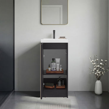 Bathroom vanity with mirror, sink, and various items on shelves against a gray wall.