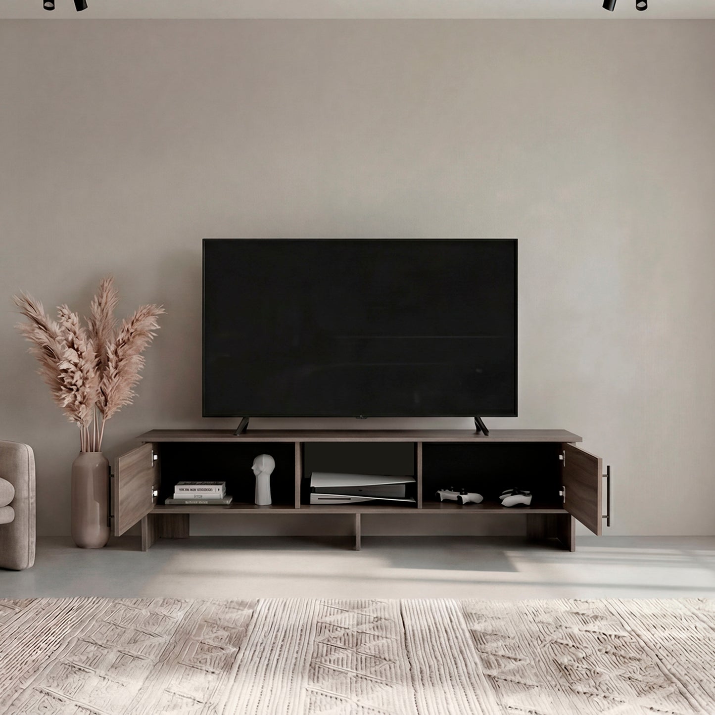Dago 65" TV Stand with 4 Open Shelves, 2 Doors, Modern Media Console for Living Room Entertainment Storage