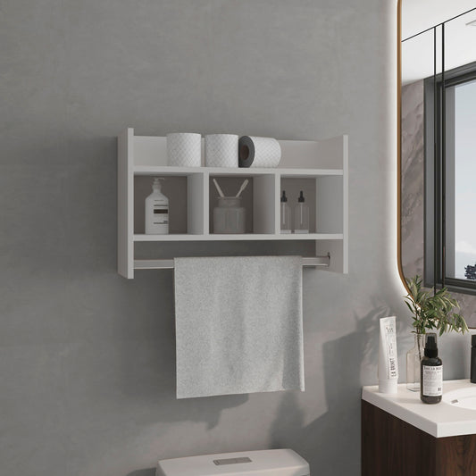 Starke Bathroom Wall Shelf with Towel Bar, Compact Storage With A Wide Upper Shelf, Three Comapct Middle Shelves and Towel Holder for Bathroom Organizer