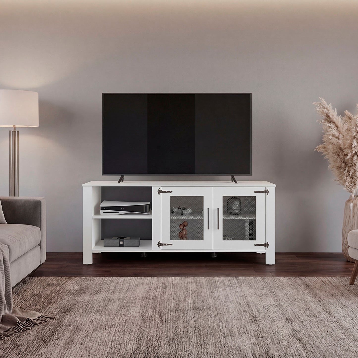 Freedom 65" TV Stand with 5 Open Shelves, 2 Doors, Modern Media Console for Living Room Entertainment Storage