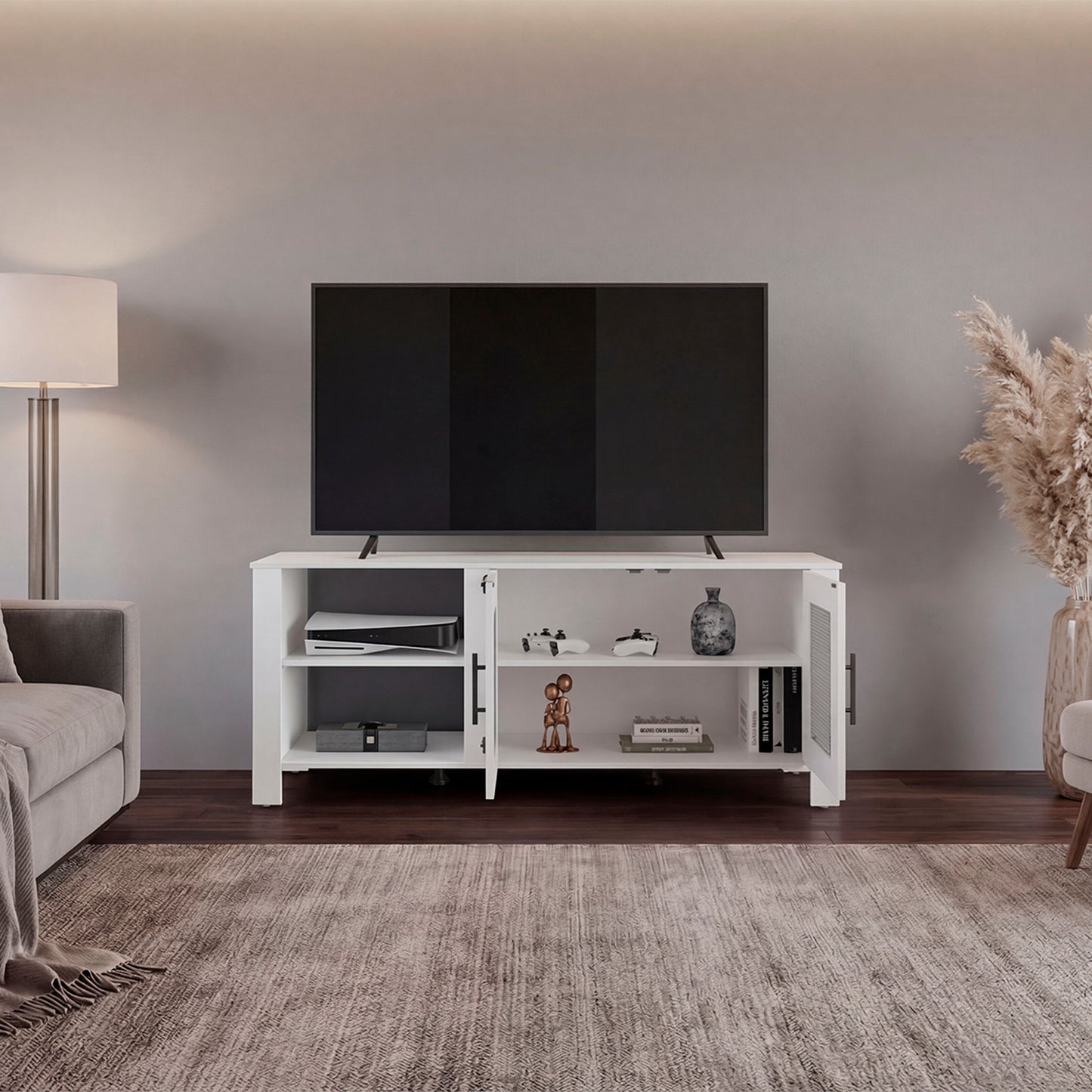 Freedom 65" TV Stand with 5 Open Shelves, 2 Doors, Modern Media Console for Living Room Entertainment Storage