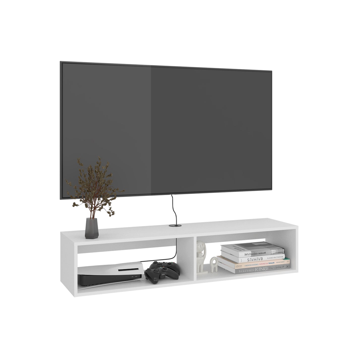 Rockwood Floating TV Stand Wall-Mounted Entertainment Shelf with Wide Top Surface, Dual Open Storage Compartments, Integrated Cable Management System and Modern Space-Saving Design for Living Rooms or Offices