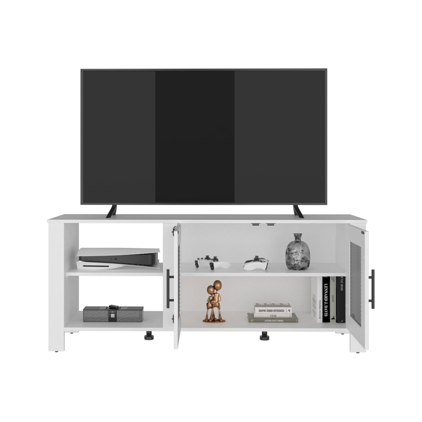 Freedom 65" TV Stand with 5 Open Shelves, 2 Doors, Modern Media Console for Living Room Entertainment Storage
