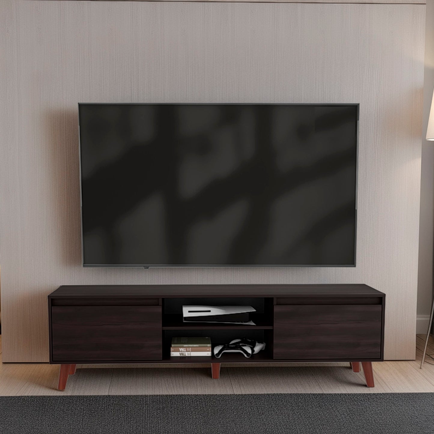 Polaris TV Stand with Open Shelves, Two Storage Shelves For Media Storage and Entertainment Console, Perfect for Living Room or Bedroom