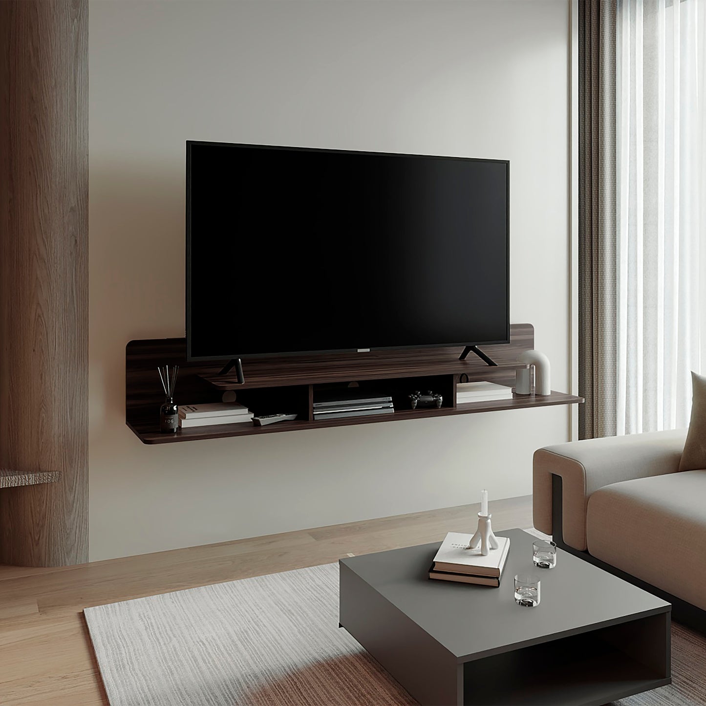 Marquis Floating TV Stand with Open Shelves, Modern Media Console for Living Room or Entertainment Area