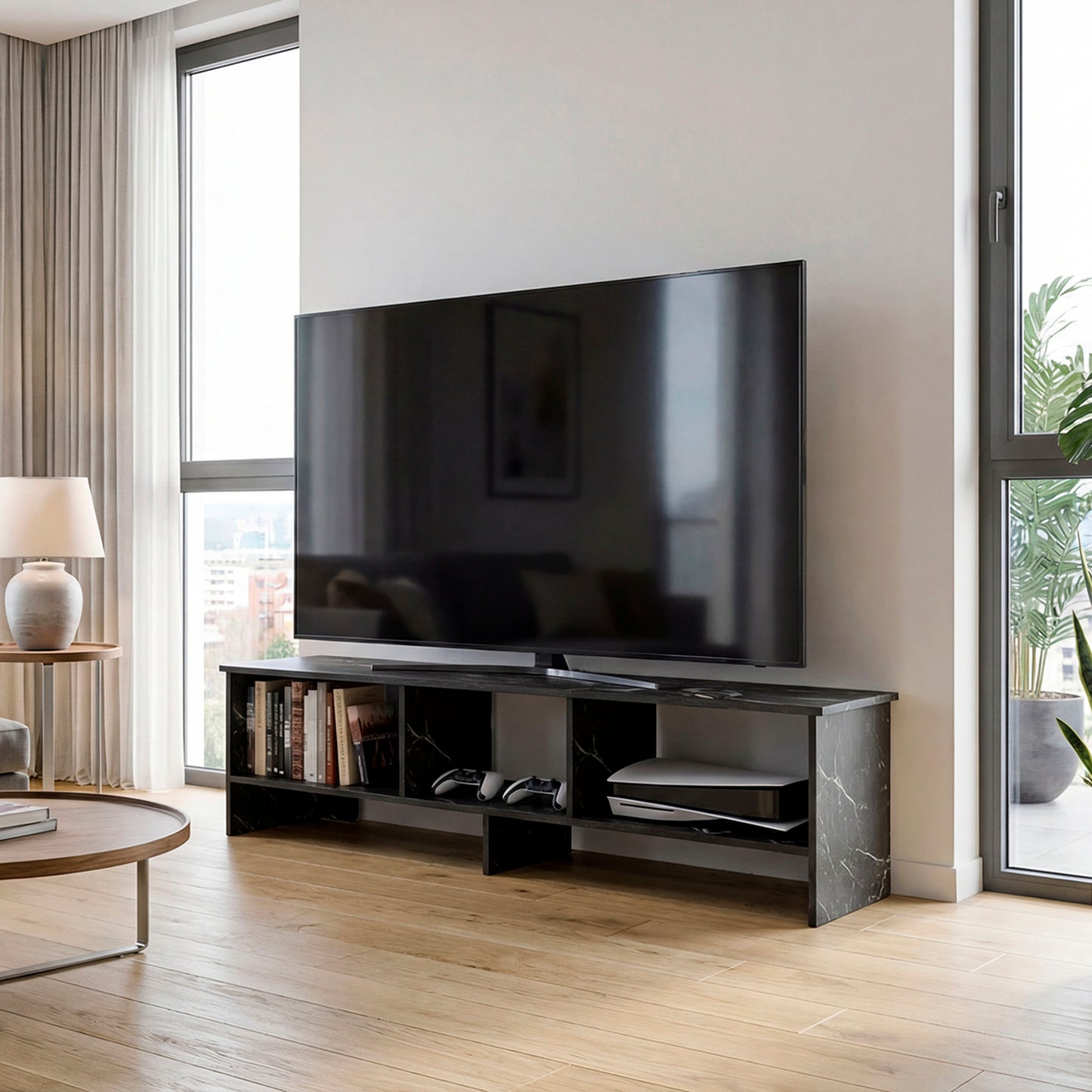 Belga 65" TV Stand with 4 Open Shelves, Modern Media Console for Living Room Entertainment Storage