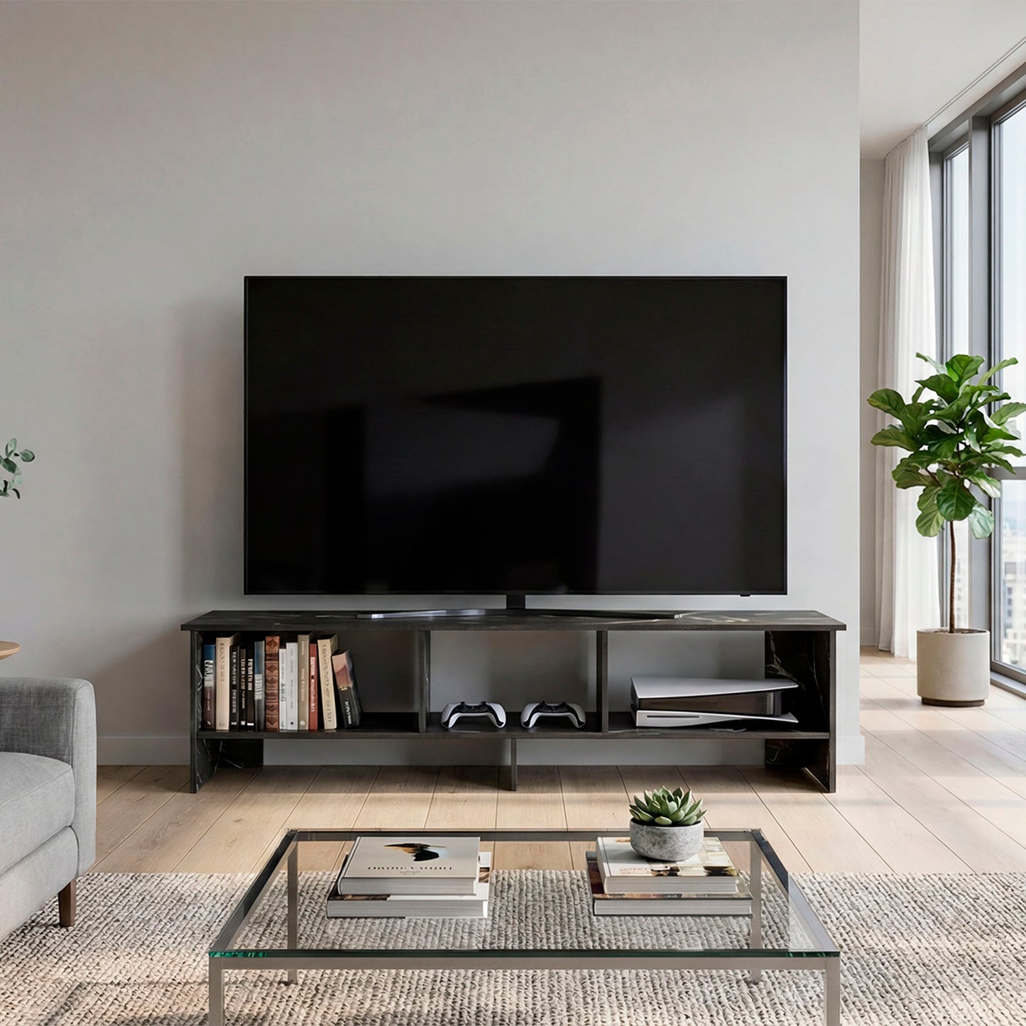 Belga 65" TV Stand with 4 Open Shelves, Modern Media Console for Living Room Entertainment Storage
