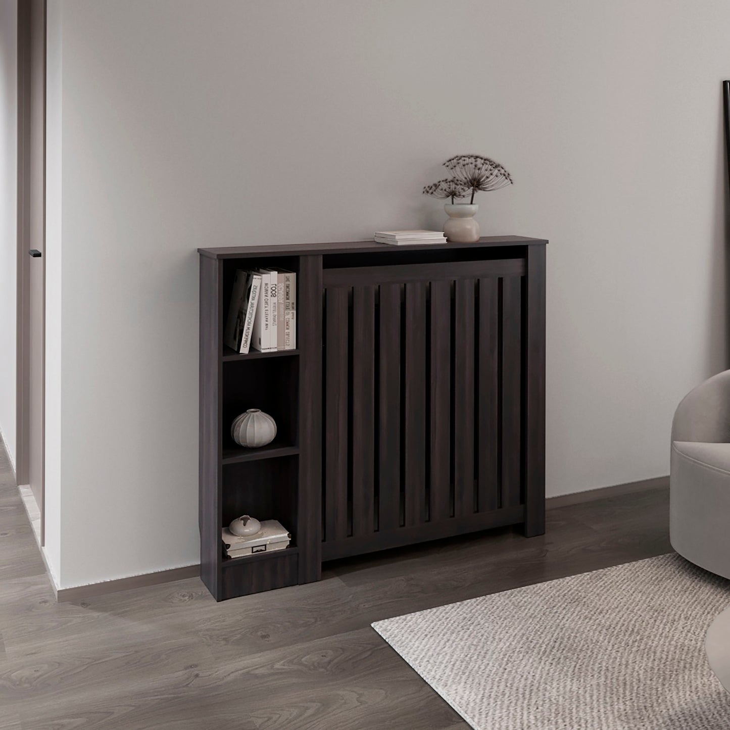 Radiator Cover Cabinet Joseph with Slatted Frame and 3 Shelves, Decorative Heater Cover, Modern Furniture Accent