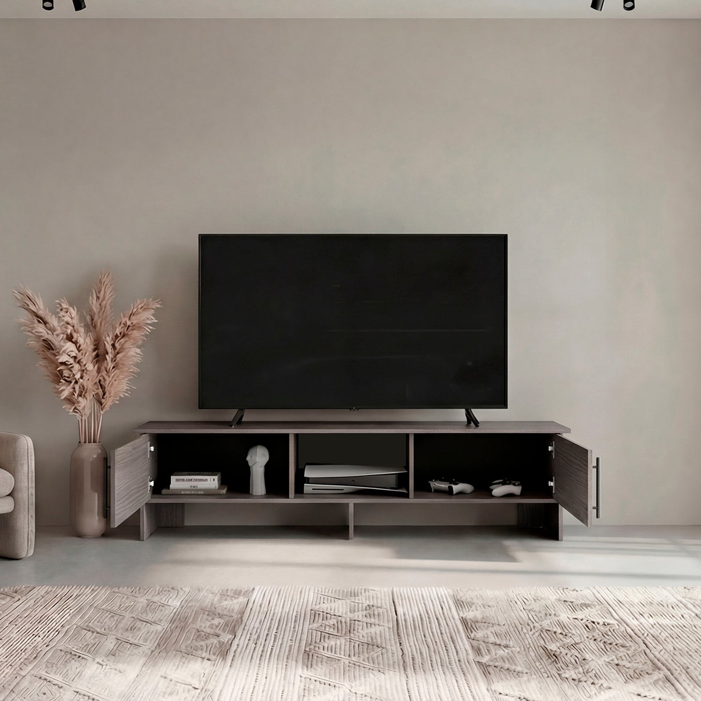 Dago 65" TV Stand with 4 Open Shelves, 2 Doors, Modern Media Console for Living Room Entertainment Storage