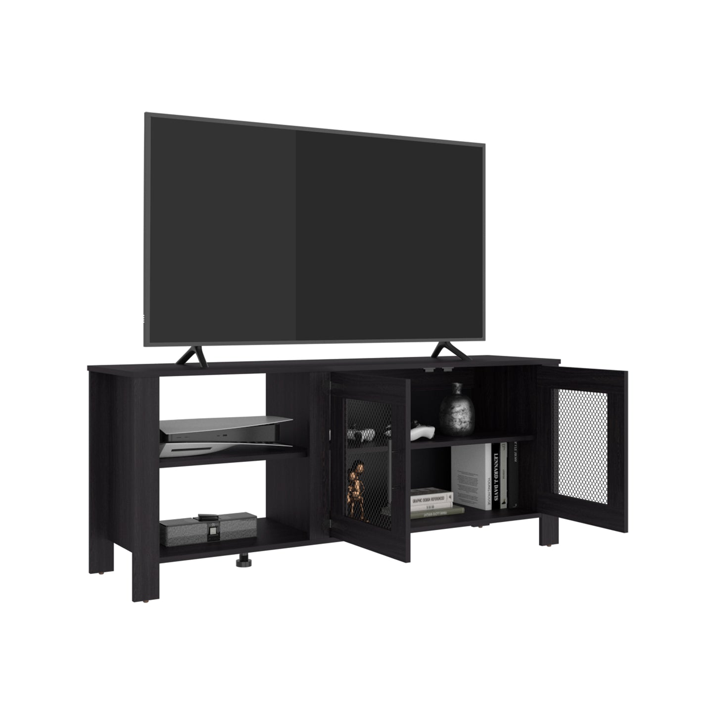 Freedom 65" TV Stand with 5 Open Shelves, 2 Doors, Modern Media Console for Living Room Entertainment Storage