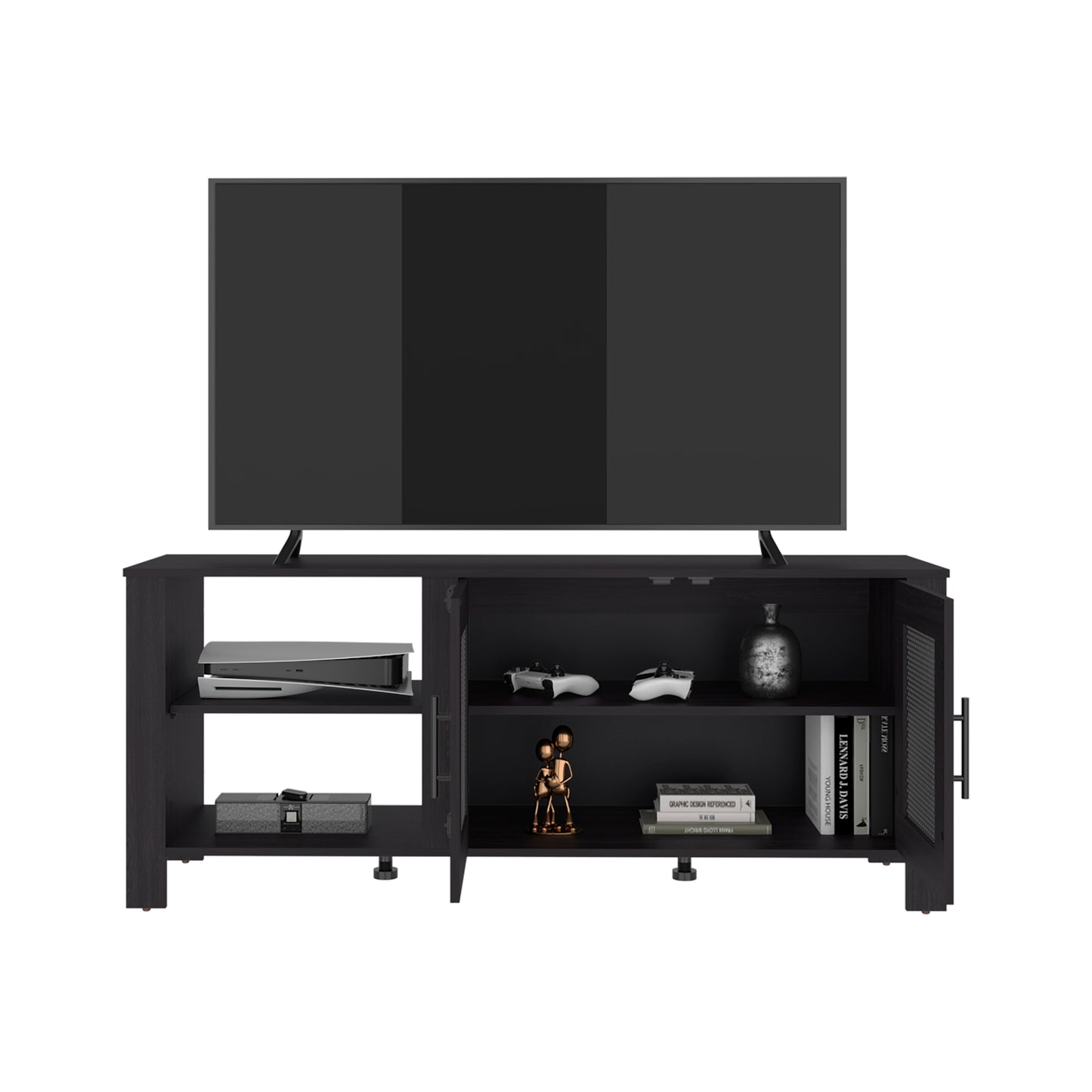Freedom 65" TV Stand with 5 Open Shelves, 2 Doors, Modern Media Console for Living Room Entertainment Storage