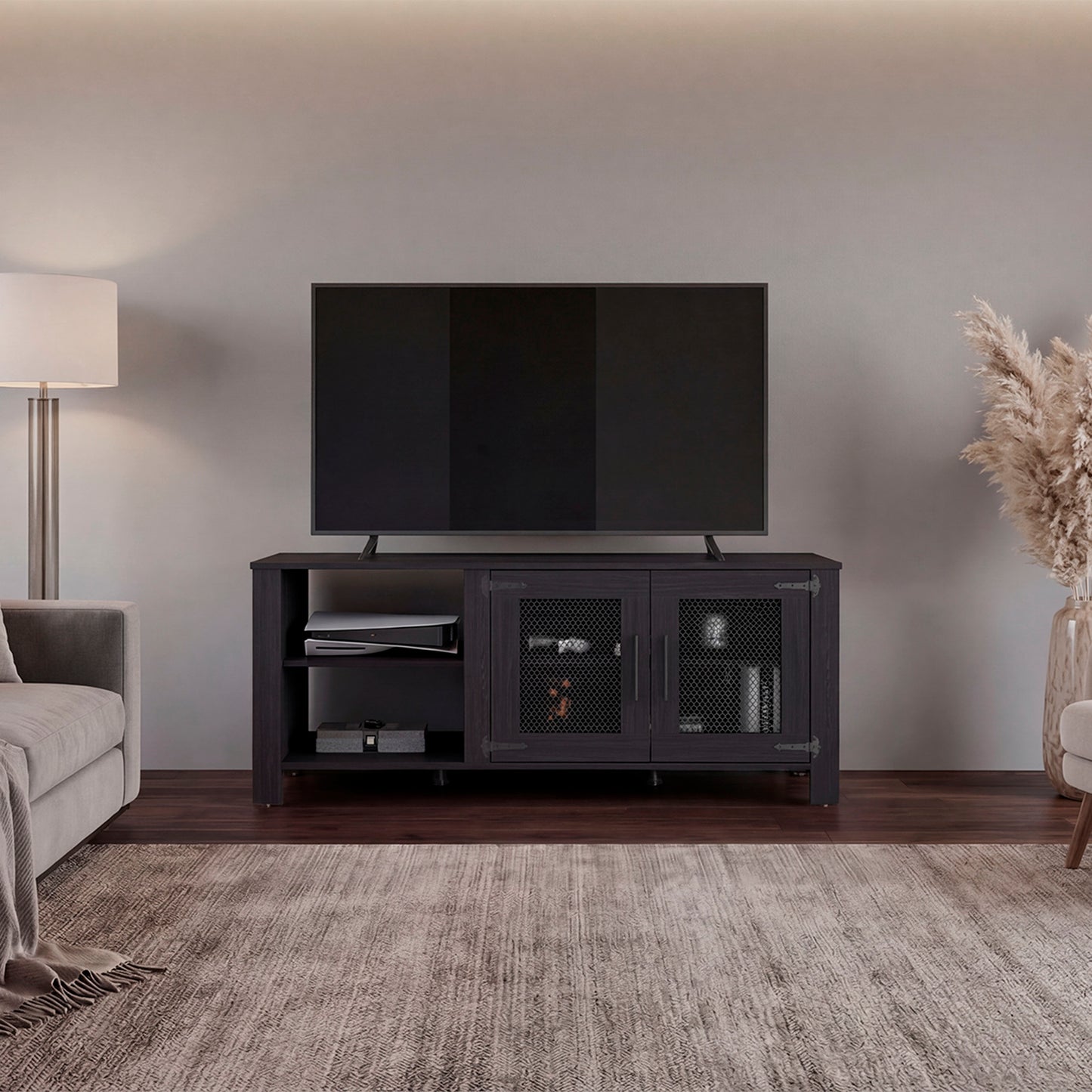 Freedom 65" TV Stand with 5 Open Shelves, 2 Doors, Modern Media Console for Living Room Entertainment Storage