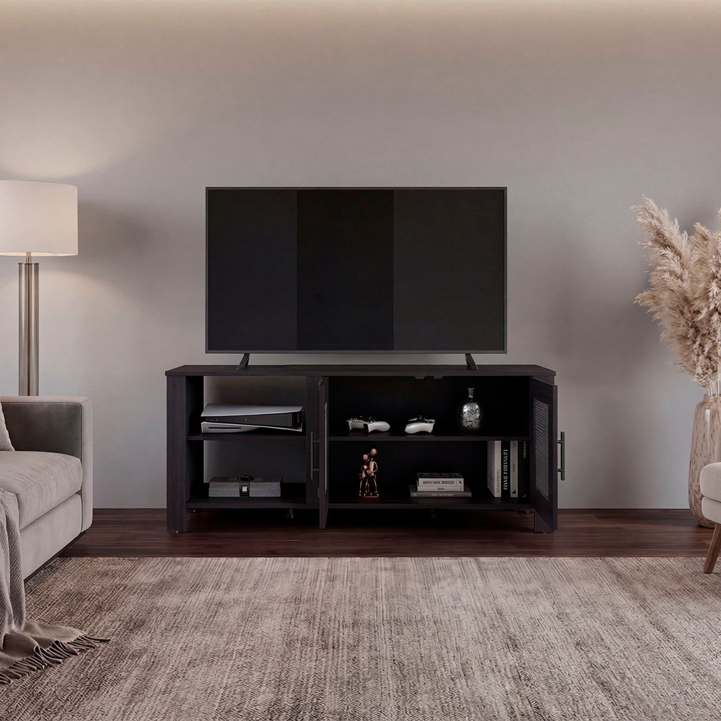 Freedom 65" TV Stand with 5 Open Shelves, 2 Doors, Modern Media Console for Living Room Entertainment Storage