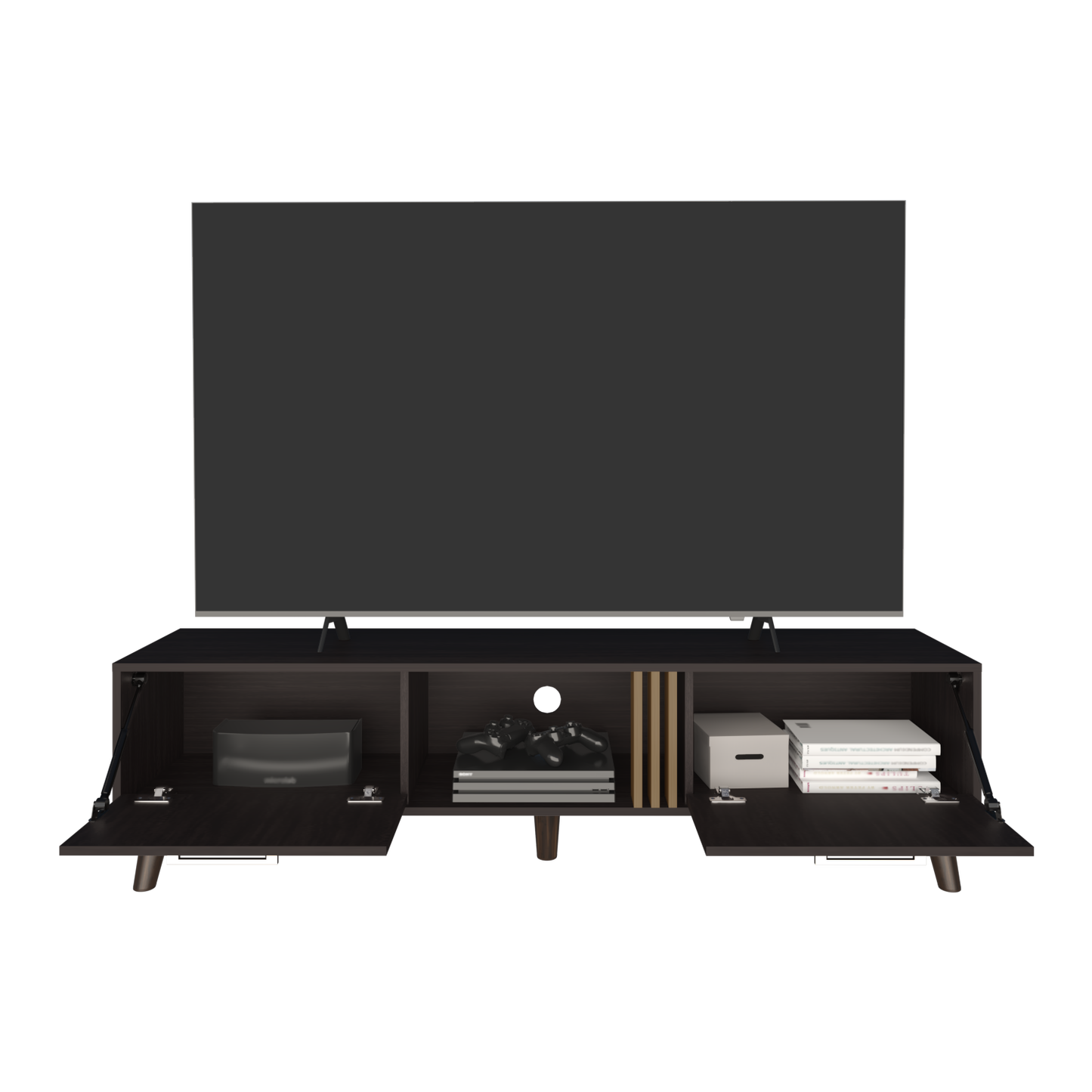 Vance 63" Wide Tv Stand  with Two pull down Cabinets, Two Shelves, Cable Management , Living Room, Tv Room Black Wengue - Light Oak