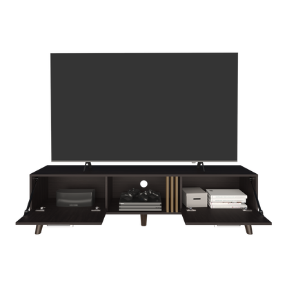 Vance 63" Wide Tv Stand  with Two pull down Cabinets, Two Shelves, Cable Management , Living Room, Tv Room Black Wengue - Light Oak