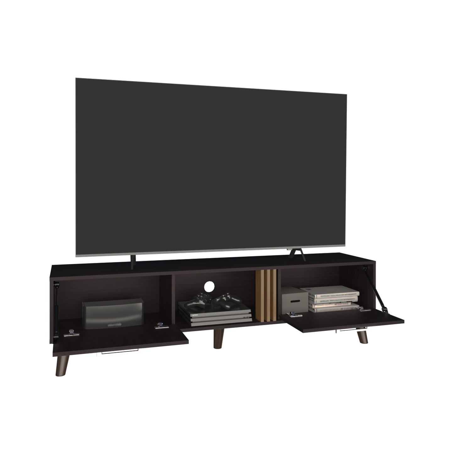 Vance 63" Wide Tv Stand  with Two pull down Cabinets, Two Shelves, Cable Management , Living Room, Tv Room Black Wengue - Light Oak