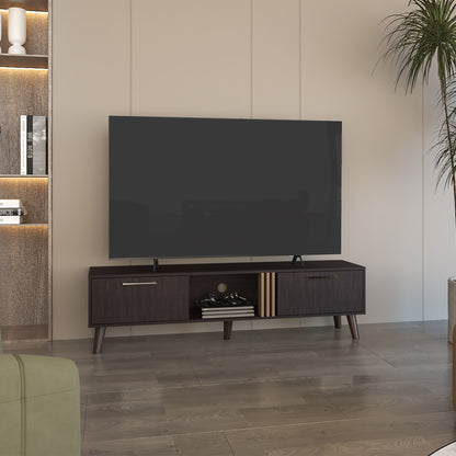 Vance 63" Wide Tv Stand  with Two pull down Cabinets, Two Shelves, Cable Management , Living Room, Tv Room Black Wengue - Light Oak