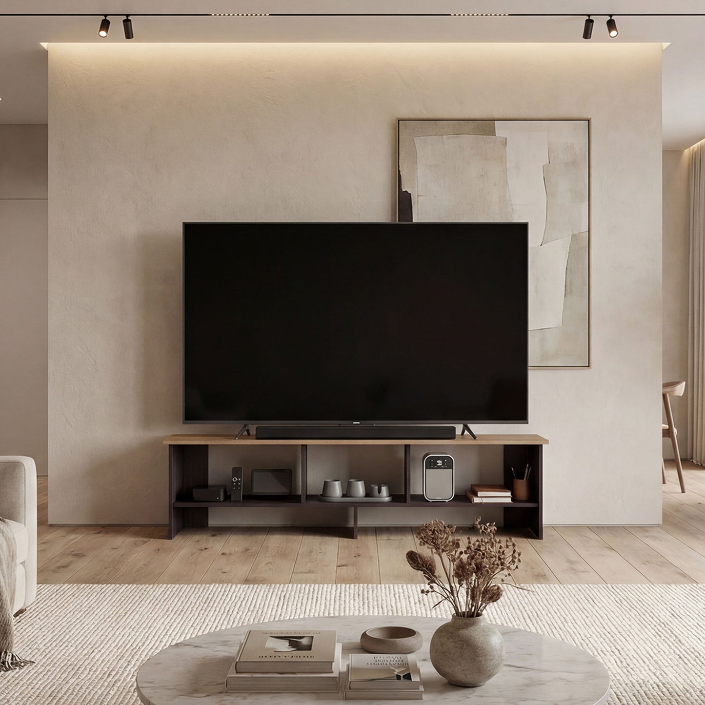 Belga 65" TV Stand with 4 Open Shelves, Modern Media Console for Living Room Entertainment Storage