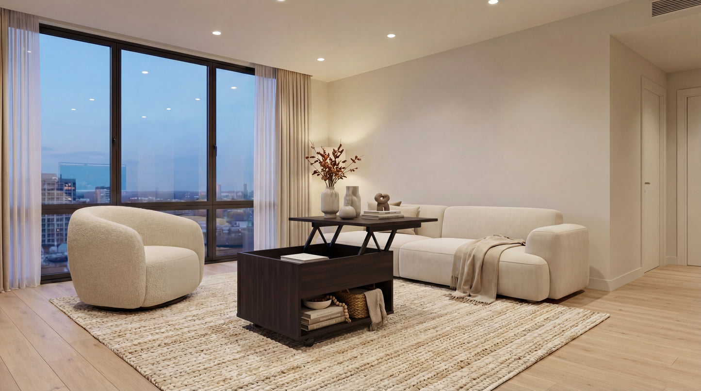 Luanda Lift-Top Coffee Table with Concealed Storage Compartment, Lower Open Shelf, Smooth-Lifting Mechanism and Locking Casters for Mobile Living Room Convenience, Modern Organization and Versatile Everyday Functionality