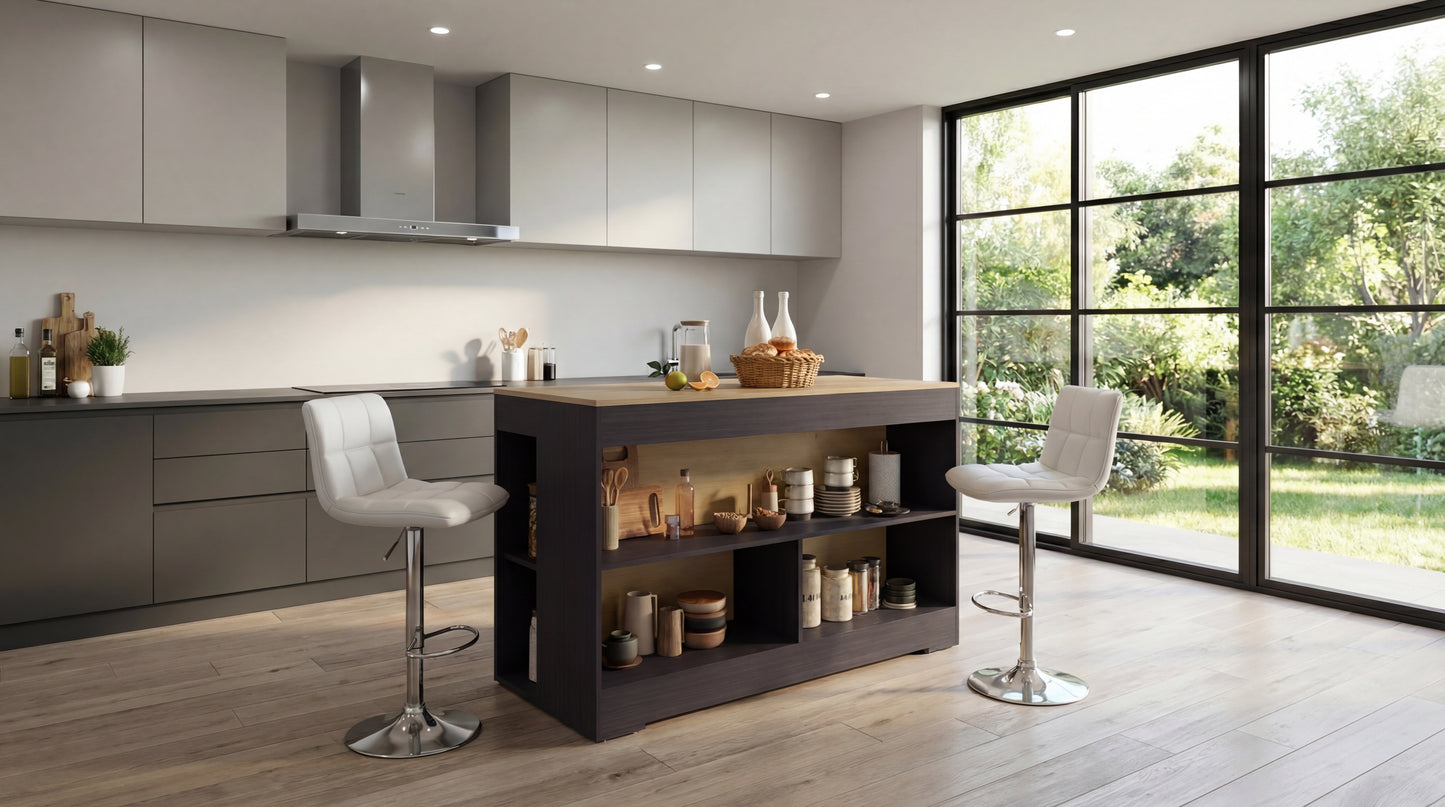 Cuenca Dining Counter Table, Freestanding Structure with 3 Open Storage Shelves and Wide Dining Countertop Space for Kitchen or Dining Rooms