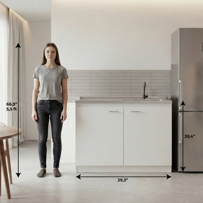 TUHOME Napoles Utility Sink Cabinet with Integrated Steel Sink, Double Door Storage, Interior Shelf and Durable Aluminum Countertop Offering Practical Organization and Functional Workspace for Modern Home Kitchens
