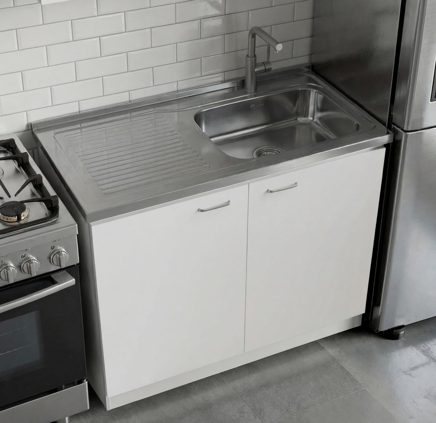 TUHOME Napoles Utility Sink Cabinet with Integrated Steel Sink, Double Door Storage, Interior Shelf and Durable Aluminum Countertop Offering Practical Organization and Functional Workspace.